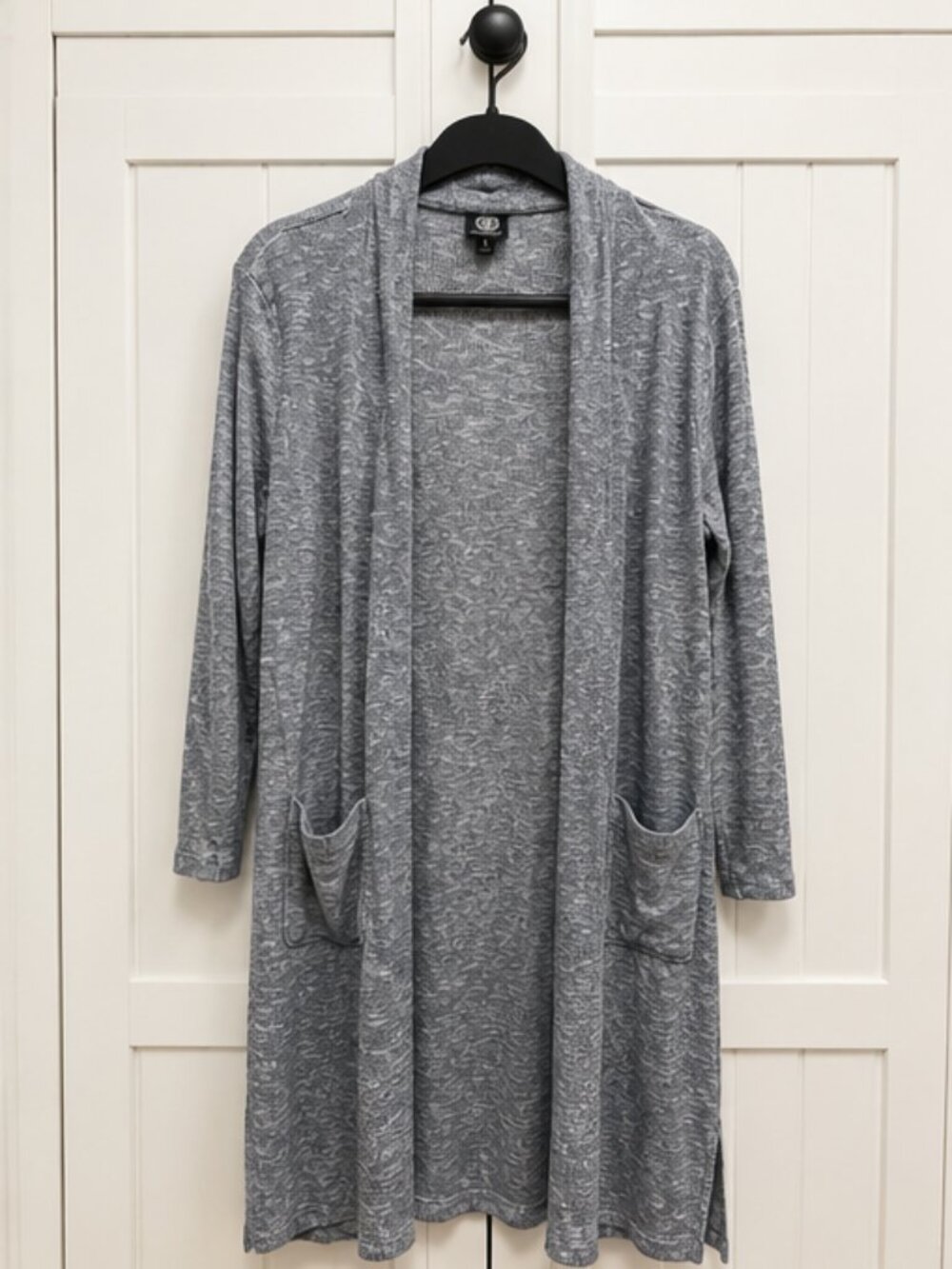 Gray Marled Long Open Front Cardigan Size Large Pocket Duster Sweater